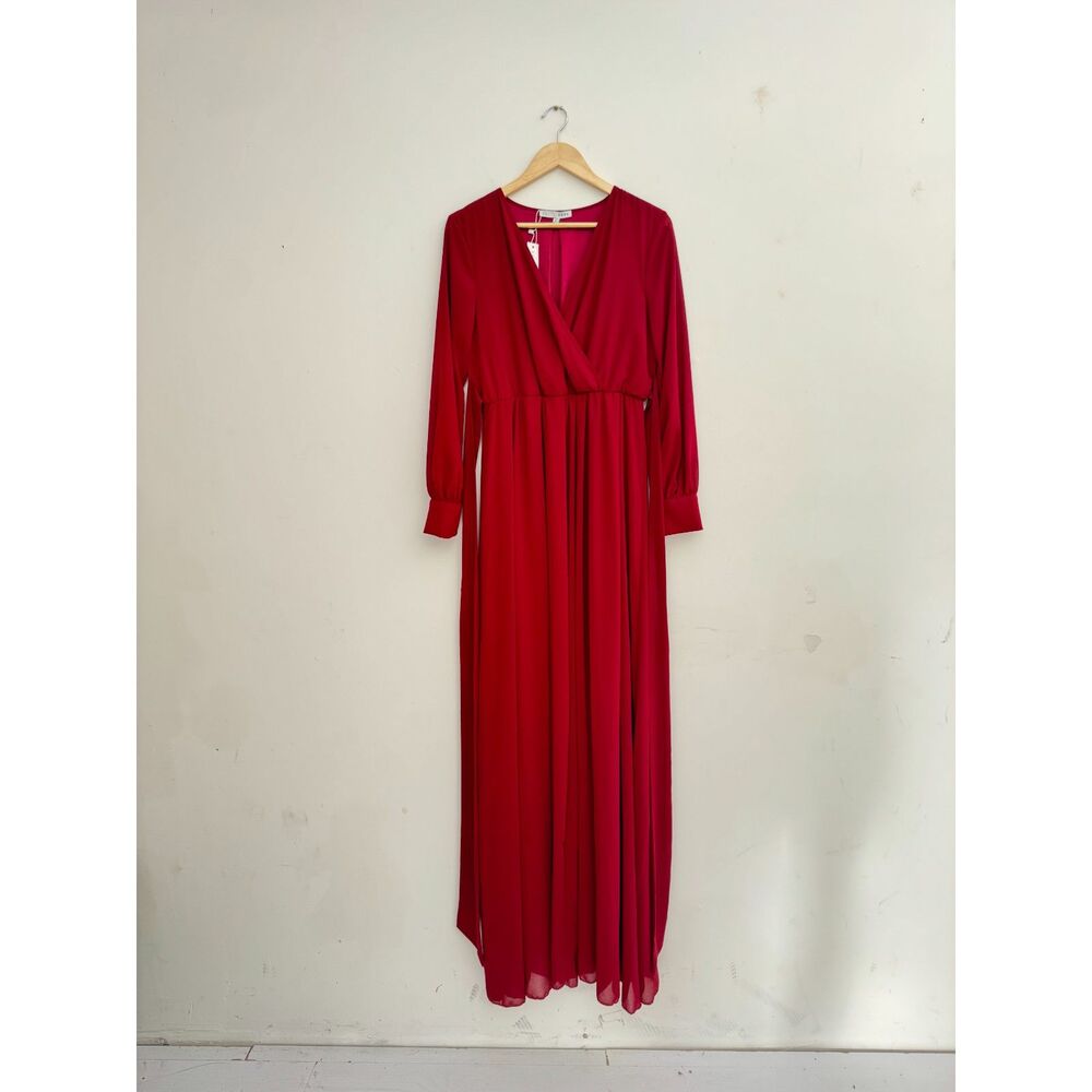 NWT Baltic Born Lydia Burgundy Wine Red Faux Wrap Chiffon Maxi Dress L Large